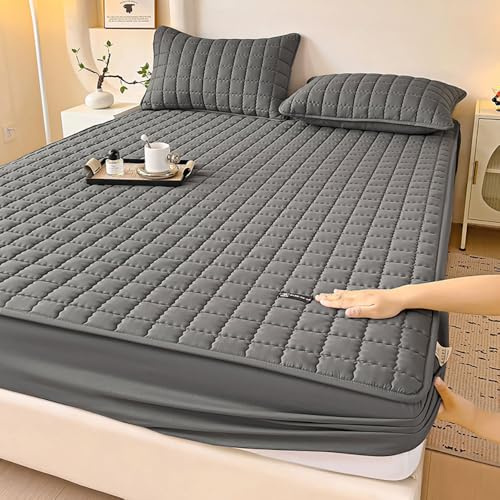 Highdi Spannbettlaken Wasserdichtes, Warm Baumwolle Spannbetttücher Auslaufsicheres TPU Spannbetttuch, Weiche Spannleintuch Bettlaken für Hohe Matratze Steghöhe 5-30cm (90x200cm,Anthrazit)