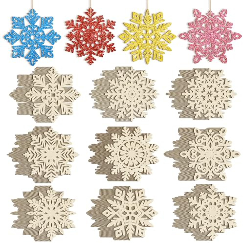 36 Stück Holzanhänger für Weihnachten, Holz Basteln Kinder, Schneeflocke Christbaumschmuck DIY für Deko Geschenkanhänger