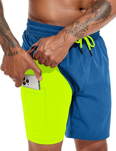 Atforna Badehose Herren Kurz Badeshorts mit Kompressionsliner 2 in 1 Schwimmhose Schnelltrocknend Männer Strand Surfen Strandhose mit Reißverschlusstasche Seeblau L