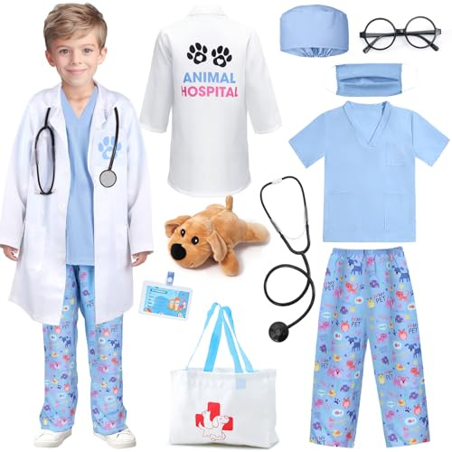 Tacobear Costume Dottore Bambini Valigetta del Medico Gioco di Ruolo Veterinario Dottore con Cane giocattolo Camice da Dottore Fancy Dress per Compleanno Partito Carnevale (Blu, 120)