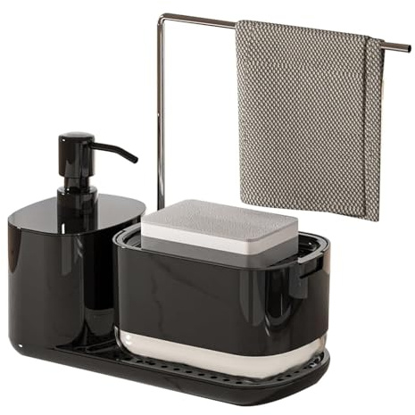 Spülmittelspender Küche Set, 4-in-1 Seifenspender Küche mit Tablett und Schwammhalter, Waschmittel Wiederbefüllbar Spülbecken Organizer mit Handtuchhalter für Küchenspüle und Küchenarbeitsplatte