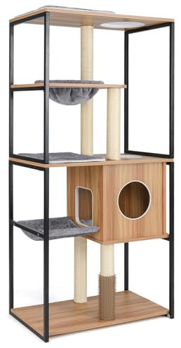 GOPLUS Árbol para Gatos con Estructura de Metal, 5 Niveles con Percha Acolchada, Amplias Plataformas, Hamaca, Rascador, Autocagadero, para Gatos, 75x45x160cm