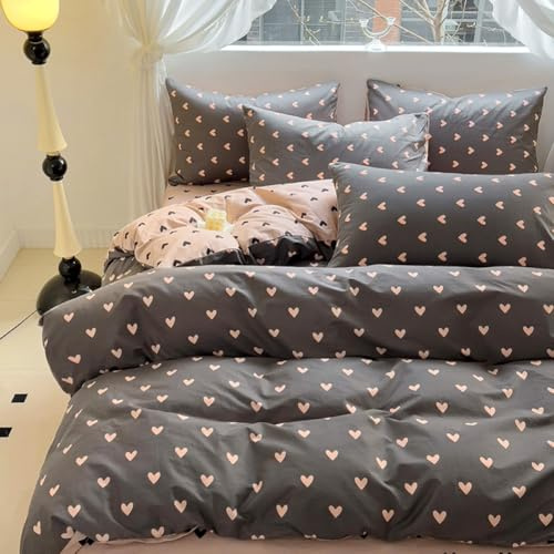 Covebett Copripiumino Singolo Heart Pink Black Microfibra Set Biancheria da Letto Reversibile 2pcs Per Bambini Donne Ragazze Romantico Estetico Love Hearts Copripiumino 135x200 cm e 1 Federa 50x75cm