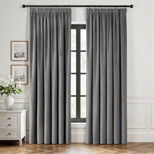 EMEMA Samtvorhang mit Kräuselband Grau 2er Blickdichte Vorhänge H225xB140cm | Samt Gardinen Deko Blickdichte Vorhänge mit Kräuselband Wohnzimmer Schlafzimmer Verdunkelung Thermovorhang Samt kräuselband
