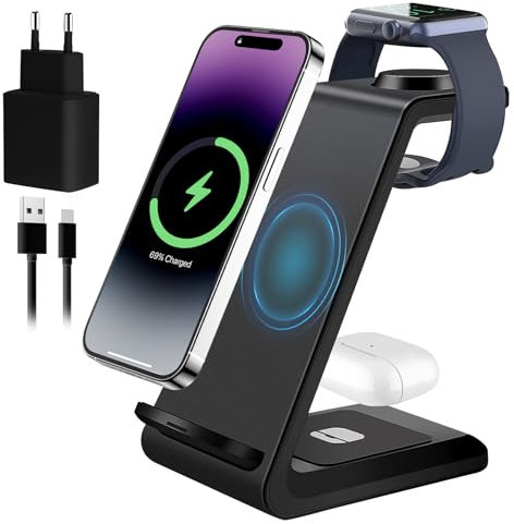 Caricatore Wireless Charger, 3 in 1 Stazione di Ricarica per iPhone 16/15/14/13/12/11/Pro/Max/X/8/Plus, Caricabatterie Base Ricarica per Apple Watch 10/9/Ultra/8/7/6/SE/5/4/3/per AirPods Pro 4 3 2