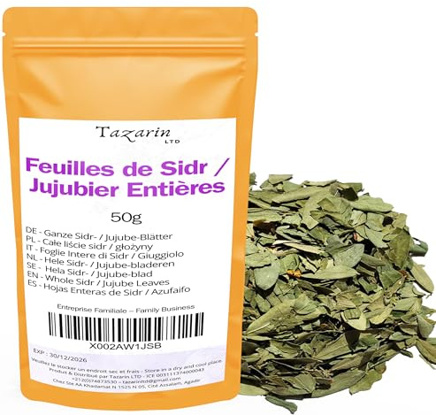 50g Hojas de Jujube/Sidr Enteras – Hojas de Sidr Secas – Aroma y Sabor Intensos – 100% Natural, Puro y Sin Aditivos – TazarinLtd
