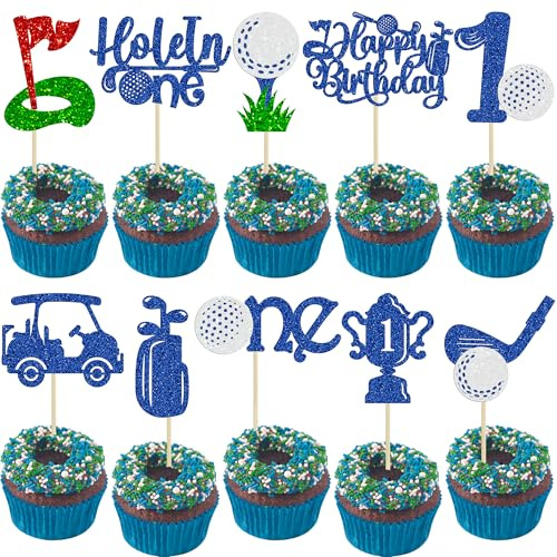 Gyufise 30Pcs Golf 1st Birthday Cupcake Toppers Glitter Golf Hole in One Cupcake Picks Decoration for Boys Baby Shower Kids First Birthday Golf Party Cake Decorations Blue