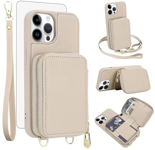 Phone Case for iPhone 15 Pro 6.1 inch Wallet Cell Cover with Tempered Glass Screen Protector Wrist Crossbody Strap Lanyard Stand RFID Blocking Credit Card Holder i Phone15 i15 15Pro Women Girls Beige