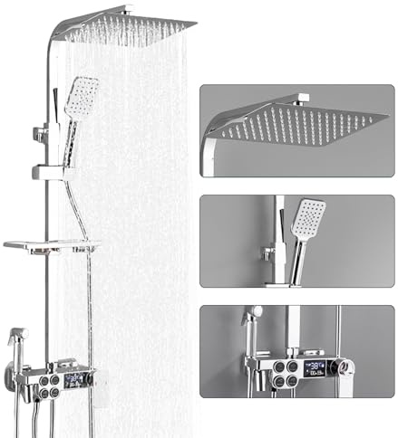 Shower Riser Rail Kit, Silver Stainless Steel Shower System with Thermostat & LED Temp Display, 30 x 19 cm Rainfall Head & Handheld Showerhead with 3 Function Hand Shower, for Bathrooms (Silver)