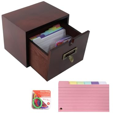 ZoeQide Cassetta di carta in legno per schede – Con schede indice colorate e 8 anelli, scatola versatile per apprendimento, organizzazione e ufficio