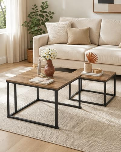 Amveya Couchtisch 2er Set Quadratisch Eiche Holzoptik Wohnzimmertisch Modern Tisch für Wohnzimmer mit schwarzem Metallrahmen Satztisch stapelbar Beistelltisch Set Büro 65 x 65 x 45 cm