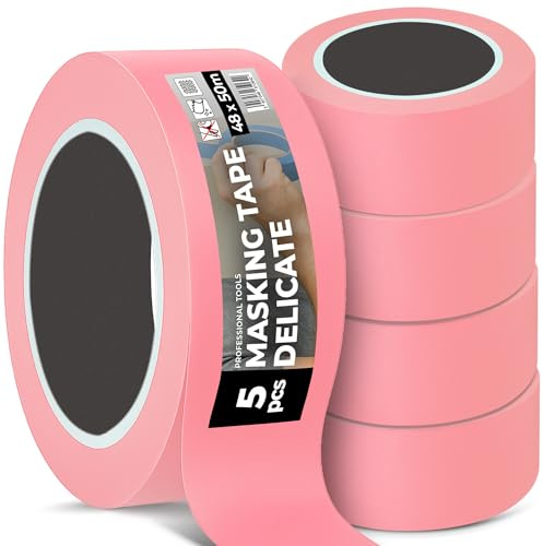 Instalguru 5x Ruban De Masquage Crêpe 48 mm x 50 m Surfaces Délicates Adhésif Rose Peintre Papier Washi pour Rénovation Travaux Intérieurs Fin Déco Artisan Peinture Décoration