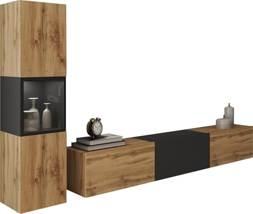 Berlin I Ensemble de meubles de salon, meuble TV 180 cm, éclairage LED en option, différentes finitions, meubles de salon modernes (Wotan/noir LED)