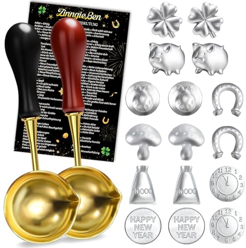 Zinngießen Spiele Set mit 16 Zinnfiguren und 2 Löffeln, Glücksbringer Silvester Deko 2026, Silvester Kinder Geschenke Neujahrsgeschenke Mitbringsel, die Gesunde Alternative zum Bleigießen, Partyspiel