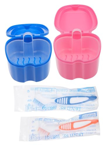 VILLFUL Kit Étui Prothèses Dentaires avec Brosse de Nettoyage Boîte de Rangement Sécurisée pour Dentier Brosse Souple Adaptée à Prothèses Partielles et Complètes Bleu et Rose