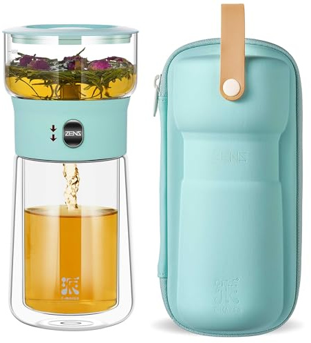 ZENS Modern Glass Tea Infuser Teapot, Smart One Touch Drip Tea Maker for Loose Tea Diffusers, Magic Gongfu Glass Teapot with Insulated Cup and Portable Carry Case for Tea Lovers Gifts