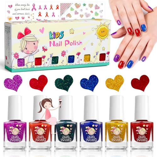 6Farben Kindernagellack Set auf Wasserbasis - Glitzer Farben Ungiftig Schnell Trocknend - Peel off Nagellack Kinder - Schnelltrocknend Nagelset Geschenke für Kinder Mädchen (Schimmer Glitzer Color)