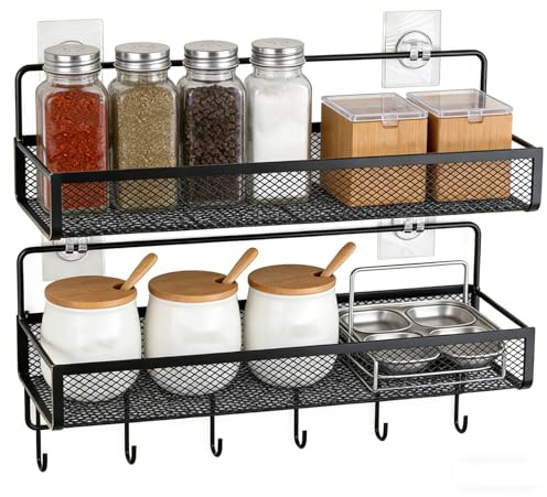 Punorric 2-Piece Wall Mounted Spice Rack - Metal Hanging Storage Baskets with Hooks, No-Drill Spices Organiser & Seasoning Organizer, Kitchen Storage Wall Basket for Kitchen/Bathroom/Office