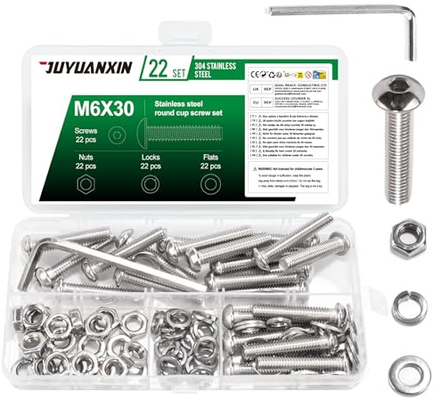 22 Set M6 x 30 mm Schrauben Set, Linsenkopfschrauben Muttern Set, Edelstahl Rundkopf Innensechskantschrauben mit Muttern Sets, Maschinenschrauben Gewindeschrauben Sets und Unterlegscheiben