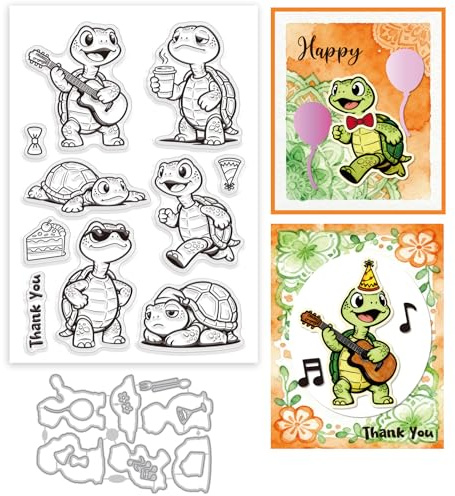 GLOBLELAND Lustige Schildkröten Silikonstempel und Stanzformen Set Für Kartenherstellung Cartoon-Tiere Klare Stempel Und Stanzformen Set Für DIY Craft Scrapbooking Grußkartendekoration