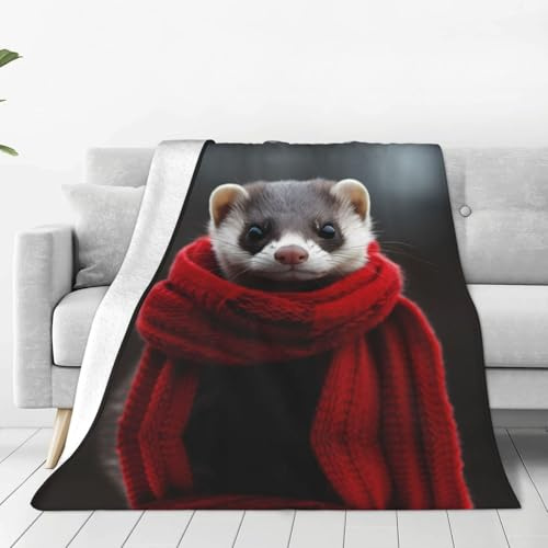 Coperta in flanella ultra morbida con un furetto con sciarpa rossa, una coperta per casa, viaggi e attività all'aperto, 152,4 x 127 cm