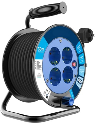 Miratic Kabeltrommel 30m | Verlängerungskabel mit 4 Schuko-Steckdosen | PVC-Kabel H05VV-F 3G1mm² Überhitzungsschutz | IP20 Für den Innenbereich