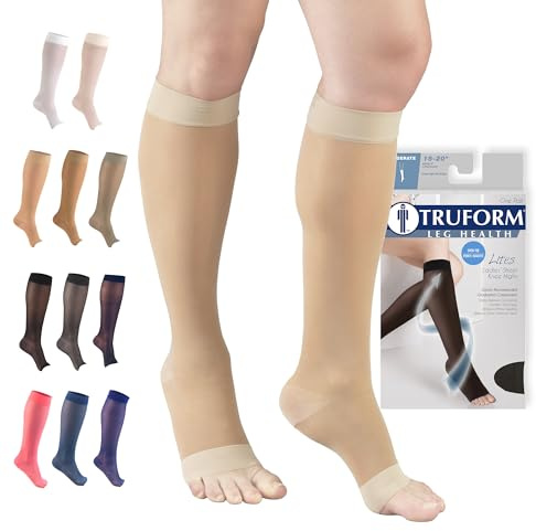 Truform Sheer Compression Stockings, 15-20 mmHg, Women's Knee High Length, Open Toe, 20 Denier, Medium