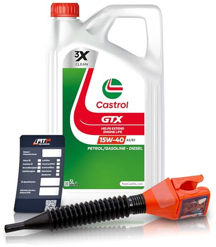 5 L Liter Castrol GTX 15W-40 A3/B3 Motor-Öl inkl. Ölwechsel-Anhänger und Einfülltrichter