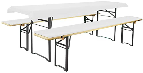 Brandsseller Auflagenset für Bierzeltgarnituren 3-teilig 2 Bankauflagen gepolstert 220x25 cm und 1 Tischdecke 240x70 cm für alle gängigen Festzeltgarnituren Bierbankauflagen Outdoor - Weiß