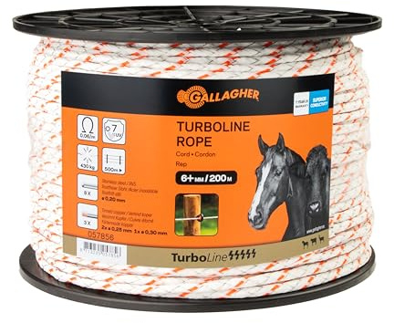 200 m Gallagher Weidezaunseil TurboLine Cord (weiß) - Elektrozaunseil - Geeignet für Pferde, Rinder, Rehe & Hirsche - Reißfestigkeit: kg - UV-stabil und lange Lebensdauer - Ausgezeichnete