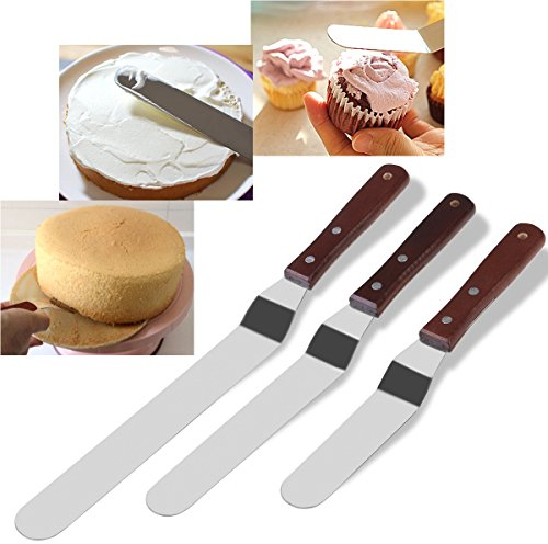 Winkelpalette Set – 3 Winkelpaletten Streich-Palette Edelstahl mit Holzgriff, Streichmesser, Tortenmesser, Glasurmesser, Icing Spatula Set