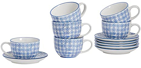 Nicola Spring Hand Printed Cappuccino Cups & Saucers Set - 250ml - Pack of 12 - Navy Stoneware Coffee Mug Set with Matching Saucers for Cappuccino, Latte, Espresso, Macchiato, Mocha & Hot Drinks
