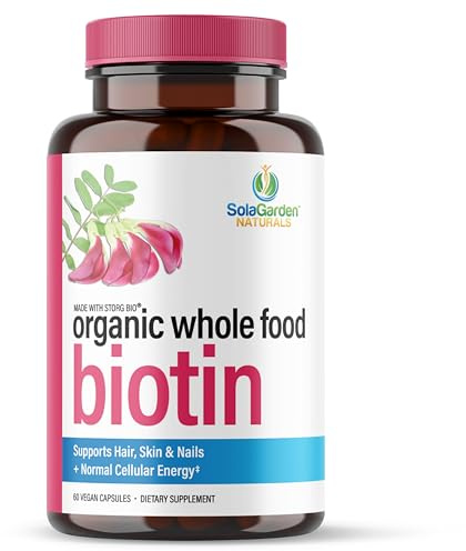 USDA Organic Whole Food Biotin Supplement, Made with Plant-Based Biotin from Sesbania Agati Trees, by SolaGarden Naturals, 60 Non-GMO Vegan Capsules, Supports Hair, Skin, and Nails, Made in USA