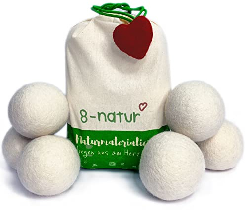 8-Natur Set mit 6 XXL-Trocknerkugeln | Schadstoffgeprüft | 100% Wolle, die natürliche Alternative zu chemischen Produkten | Handtücher kommen schneller heraus