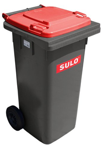 Cubo de basura 2 ruedas, contenedor a basura SULO 120 L, gris con cubierto rojo (22159)