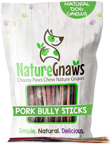 Nature Gnaws Extra Thin Pork Bully Sticks for Small Dogs 5-6 (15 Count) - Long Lasting for Light Chewers and Puppies - Natural Bacon Dog Chew Treats