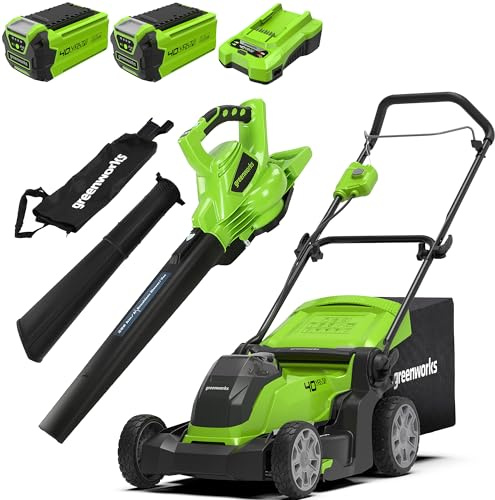Greenworks 40V Kabelloser Akku Rasenmäher, Plus Zwei 40 V 2Ah-Akkus mit Ladegerät, 3 Jahre Garantie-G40LM41K2X + Greenworks GD40BV Akku Laubsauger/Laubbläser OHNE 40V Akku & Ladegerät