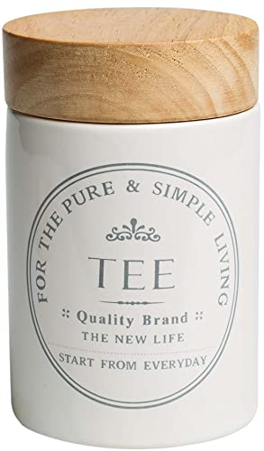 KHG Tee Aufbewahrung Keramik Steingut Weiß Holzdeckel Bambus, rund für losen Tee 250g, Vorratsdose luftdicht, Oberfläche glänzend glasiert Emaille, beschriftet, 1 Liter Fassung, ⌀ 10 cm
