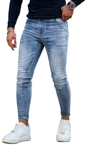 GINGTTO Pantaloni Uomo Jeans Blu Chiari Stretch Slim Fit Denim Dritti con Elastici Skinny Vita Bassa Blu 34W/30L