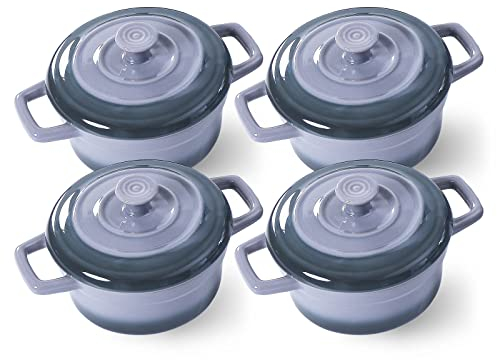 Lareina - Mini cocotte de 12 onzas con tapa, pequeña cacerolas redondas de cerámica con asas y tapa, bonita olla de cerámica individual para separar, juego de 4, gris