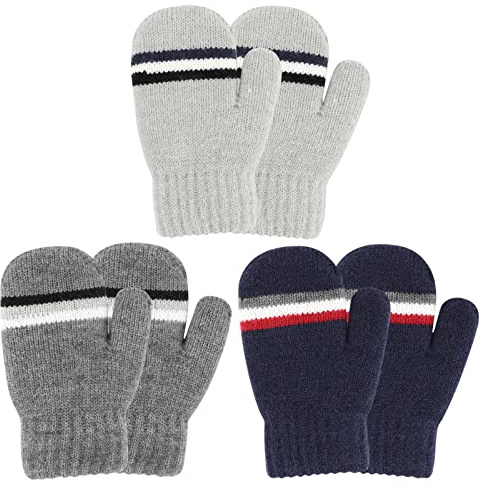 QKURT 3 Paar Kinder Strickhandschuhe Kinder Magic Fäustlinge Gefütterte Fleece Thermohandschuhe Baby Winter Warme Handschuhe Kinderhandschuhe für 1~3 Jahre alt Baby Mädchen Jungen