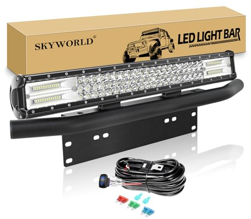 SKYWORLD LED-Lichtleiste, 59 cm 324W Spot-Flut-Kombistrahl, Arbeitslampe mit schwarzer Kennzeichenhalterung, 12 V Kabelbaum-Set Wippschalter für LKW Auto ATV SUV 4X4 | Dreireihige Led Lichtbalken, 23 Zoll Nummernschildhalter Schwarzer, 12V Wippschalter Kabelbaum für Auto Offroad SUV LKW KFZ