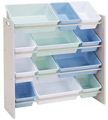 Amazon Basics Kids Toy Storage Organizer with 12 Plastic Bins - Grey Wood with Blue Bins