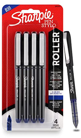 Sharpie Blauer Tintenroller, wischfest, ideal für den regelmäßigen Gebrauch im Büro, Schreibwaren, Nadelspitze (0,5 mm), 4 Stück