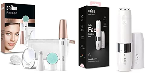 Braun FaceSpa Gesichtsepilierer Damen, Gesichtsreinigungsbürste, Massagepad, Spiegel und Tasche, 851v, weiß/bronze & Face Mini-Haarentferner, elektrischer Gesichtshaarentferner für Damen, FS1000, weiß