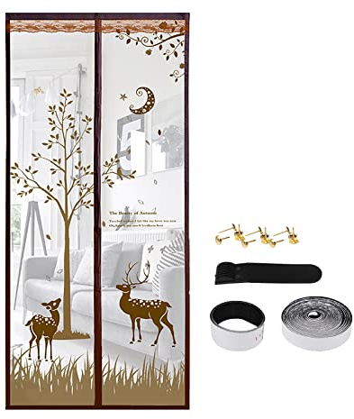 Floral Magnetic Insect Door Screen High Density Fly Bug Mosquito Mesh Curtain Top-to-Bottom Let Fresh Air in Automatically Shut Door Curtain, 90x210 cm Coffee Deer