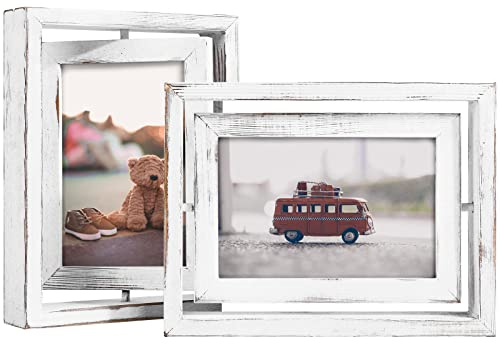 EGOFINE 2 Pack 6x4 Rotating Floating Picture Frames,Double-Sided Display with HD Glass Front Wooden Distressed Frame for Vertical or Horizontal Tabletop Display, White