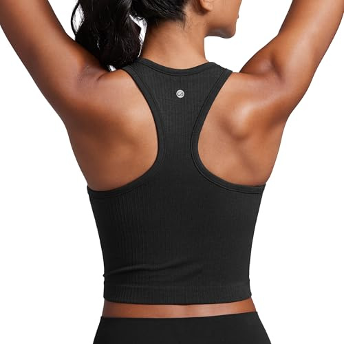 CRZ YOGA Seamless Rib Racerback Crop Tank Top | Leichter Halt, Herausnehmbare Pads, Yoga, Gerippt, Racerback, Longline Sport BHs für Damen