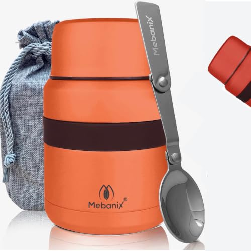 Mebanix Food Flask for Hot/Cold Food, Soup | 400ml Stainless Steel Double Walled Vacuum Insulated Leakproof Jar with Folding Spoon | BPA Free | 6 hrs hot 10 hrs cold | For Adults and Kids. Orange