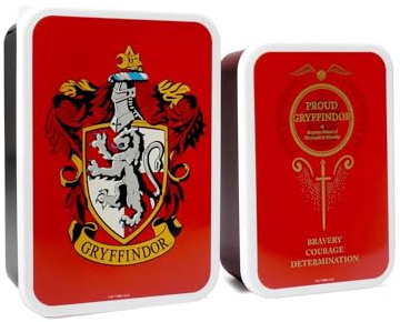 Harry Potter Half Moon Bay Gryffindor Snack Box | Juego de 2 fiambreras Bento para niños y adultos | Cresta roja de Gryffindor y valores en cada caja